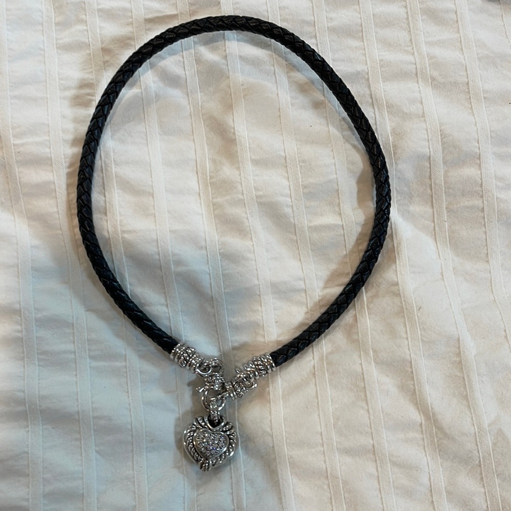 Judith Ripka 2 Piece Braided Leather Sterling Silver Heart Pendant Necklace